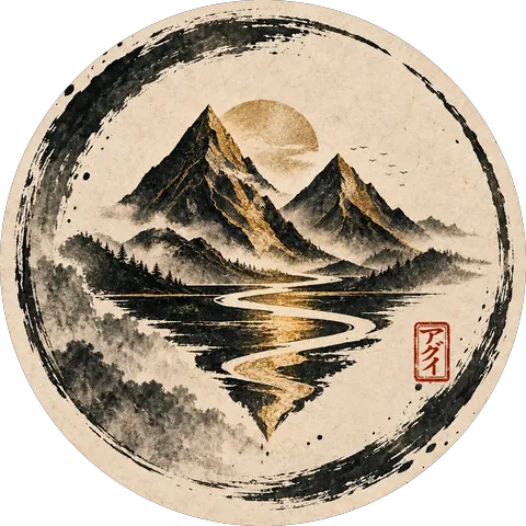 MrAgui logo: ink mountains and a gold river inside an ensō circle