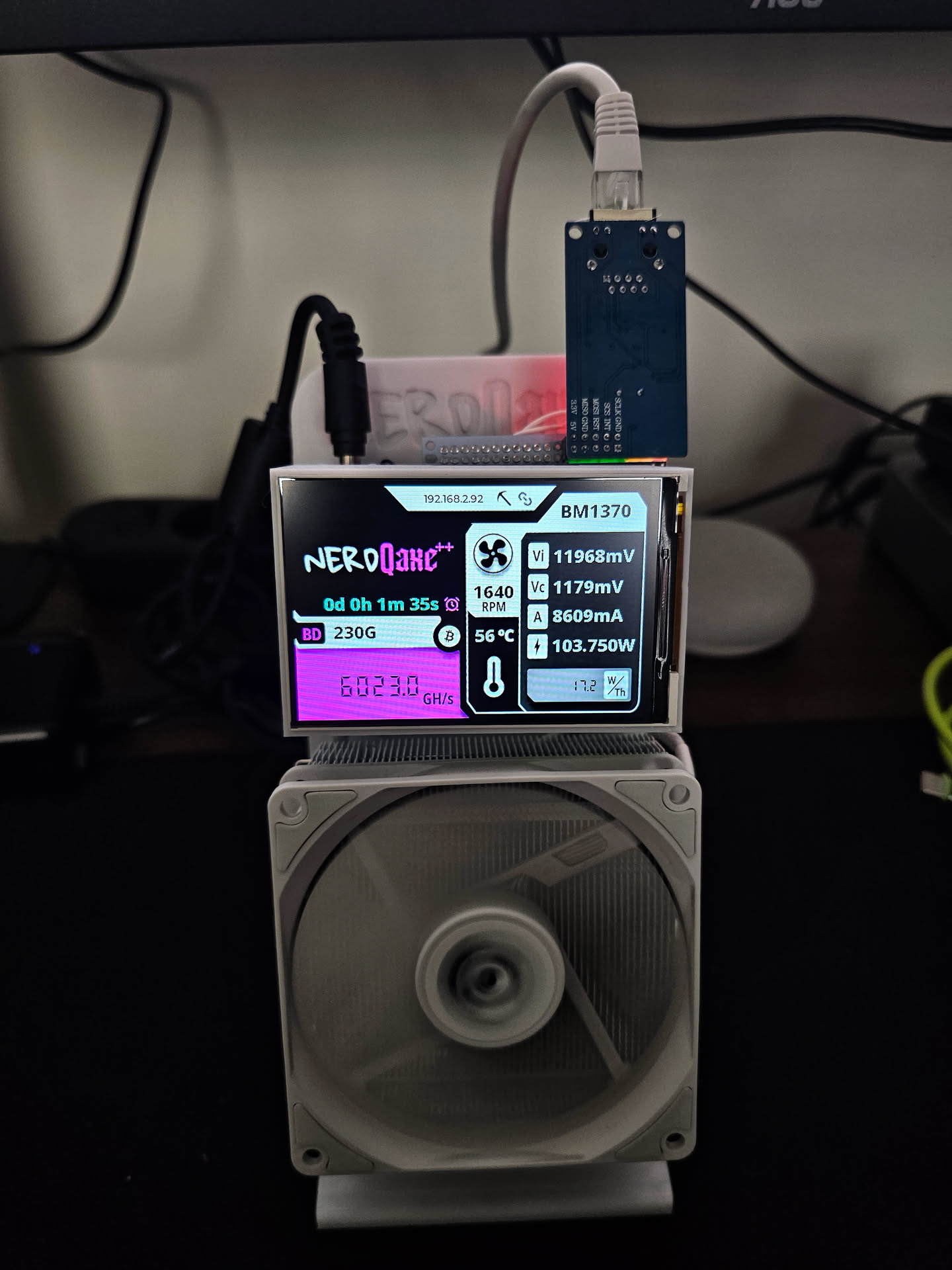 480x320 NerdQAxe++ clone running this firmware with the W5500 Ethernet shield